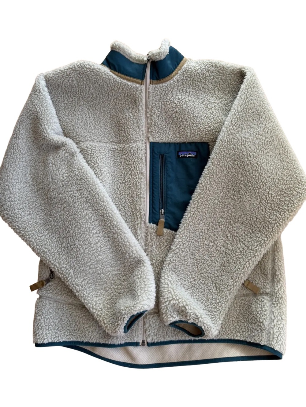 Patagonia Mens Cream Sherpa Jacket with Teal Chest Pocket